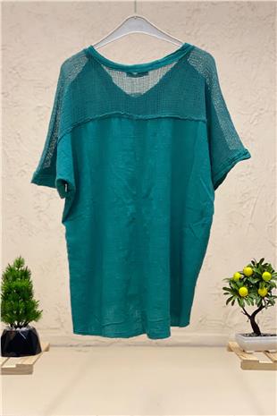 Judge Collar Shoulder Pocket Mesh Linen Blouse