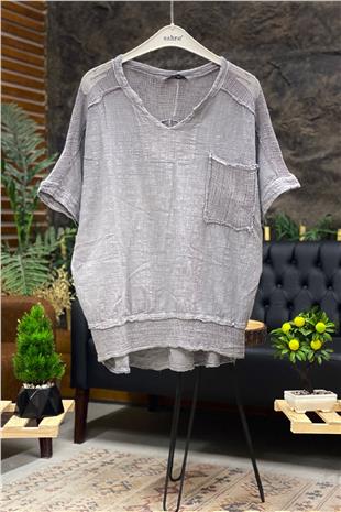 Judge Collar Shoulder Pocket Mesh Linen Blouse