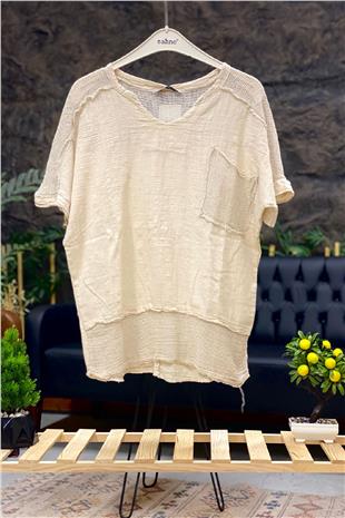 Judge Collar Shoulder Pocket Mesh Linen Blouse