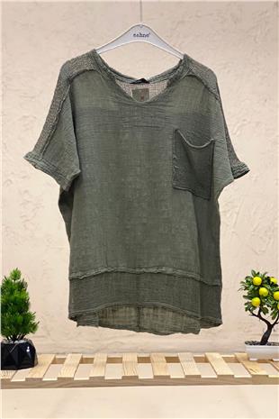 Judge Collar Shoulder Pocket Mesh Linen Blouse