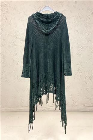 Hooded Skirt Tasseled Openwork Cotton Cardigan