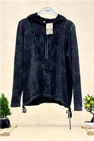 Kapşonlu Kilim Desen Yan İpli Oversize Kazak