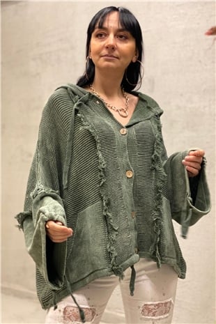 Hooded Tassel Button Bat Cardigan