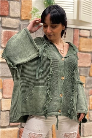 Hooded Tassel Button Bat Cardigan