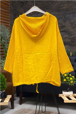 Linen Shirt with Hood Pocket Mesh Buttons