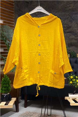 Linen Shirt with Hood Pocket Mesh Buttons