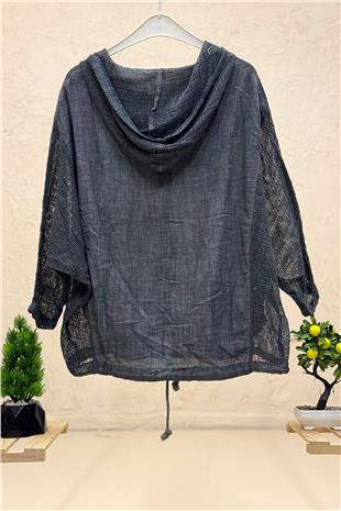 Kpaşonu Vr yanı File Garnili Keten Hırka