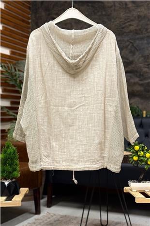 Kpaşonu Vr yanı File Garnili Keten Hırka