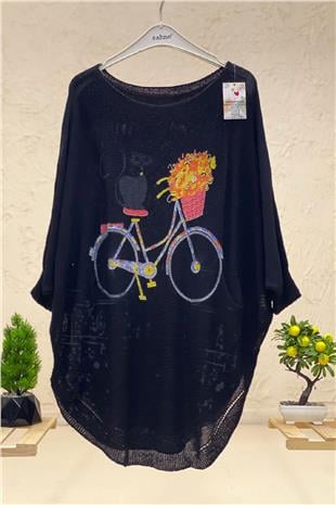 Cat and Bicycle Print Bat Mercerized Blouse