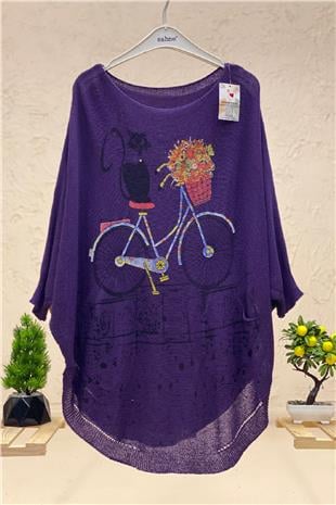Cat and Bicycle Print Bat Mercerized Blouse