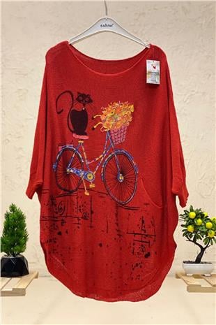 Cat and Bicycle Print Bat Mercerized Blouse