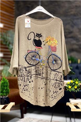Cat and Bicycle Print Bat Mercerized Blouse