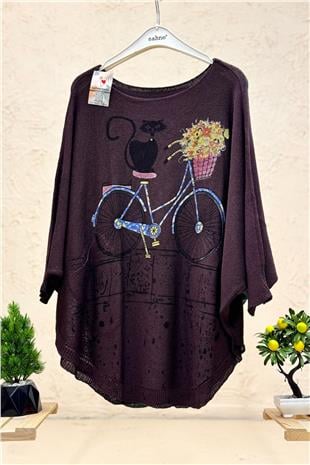 Kedi Ve Bisiklet Baskı Yarasa Merserize Bluz