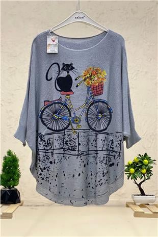 Cat and Bicycle Print Bat Mercerized Blouse