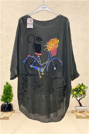 Cat and Bicycle Print Bat Mercerized Blouse
