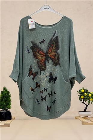 Butterfly Print Bat Mercerized Pocket Blouse