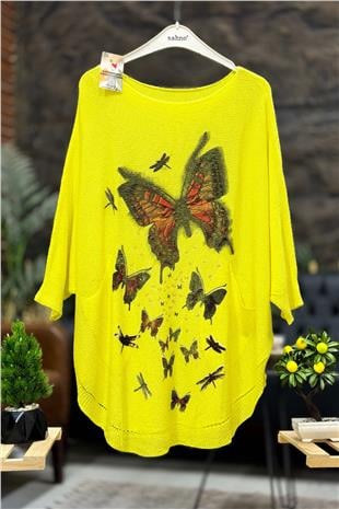 Kelebek Baskı Yarasa Merserize Cepli Bluz