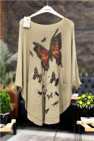 Kelebek Baskı Yarasa Merserize Cepli Bluz