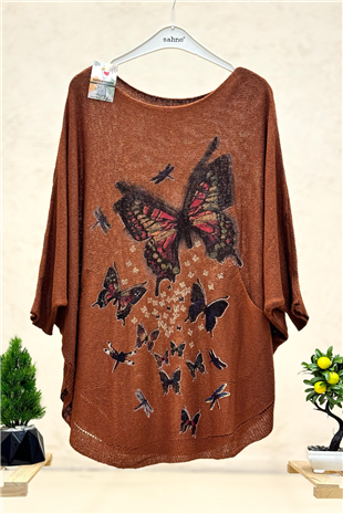 Kelebek Baskı Yarasa Merserize Cepli Bluz