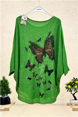 Kelebek Baskı Yarasa Merserize Cepli Bluz