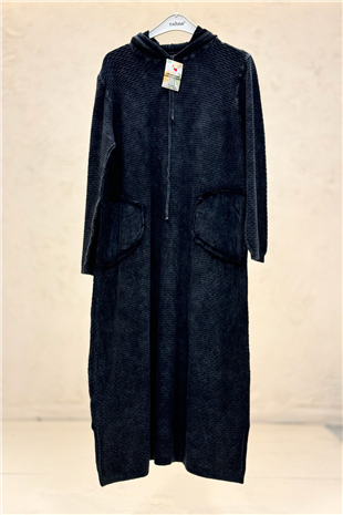 Kendinden Desenli Kapşonlu Cepli Organik Pamuk Elbise