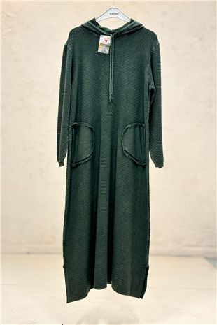 Kendinden Desenli Kapşonlu Cepli Organik Pamuk Elbise