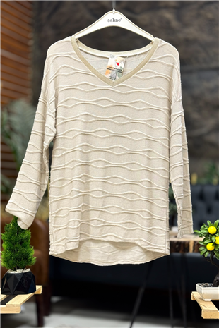 Kırık Çizgi Desen Yaka Simli İthal Bluz