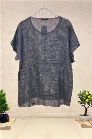 Short Sleeve Front Short Mesh Detail Blouse