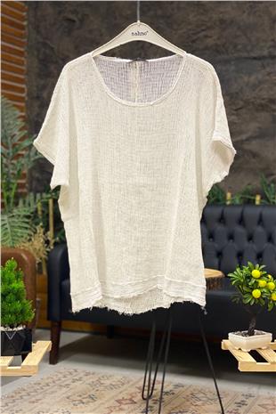 Short Sleeve Front Short Mesh Detail Blouse