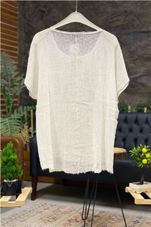 Short Sleeve Front Short Mesh Detail Blouse