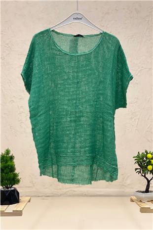 Short Sleeve Front Short Mesh Detail Blouse