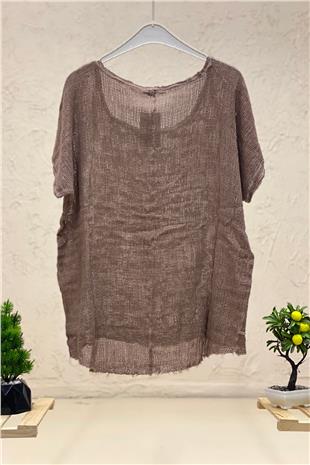 Short Sleeve Front Short Mesh Detail Blouse