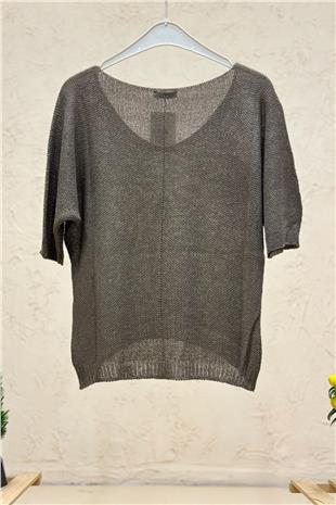 Kısa Kol V Yaka Yarasa  Merserize Bluz