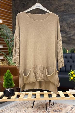 Mercerized blouse with openwork pockets on the sleeves and skirt