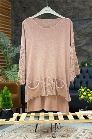 Mercerized blouse with openwork pockets on the sleeves and skirt