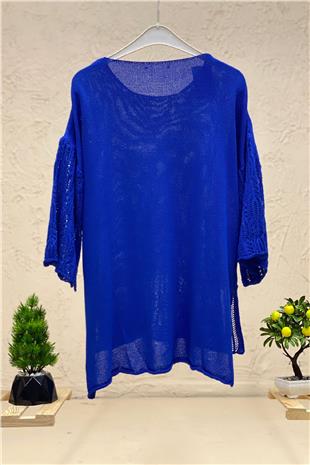 Mercerized blouse with openwork pockets on the sleeves and skirt