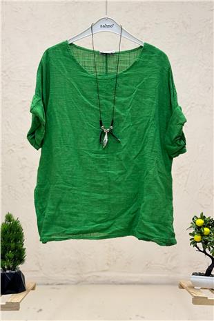 Kolyeli Kısa Kol İtalyan Keten Bluz