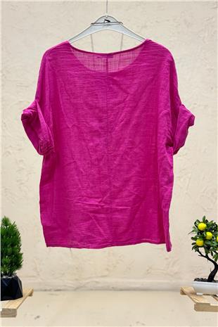 Kolyeli Kısa Kol İtalyan Keten Bluz