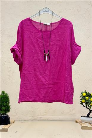 Kolyeli Kısa Kol İtalyan Keten Bluz