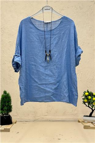 Kolyeli Kısa Kol İtalyan Keten Bluz