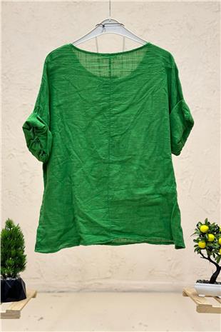 Kolyeli Kısa Kol İtalyan Keten Bluz