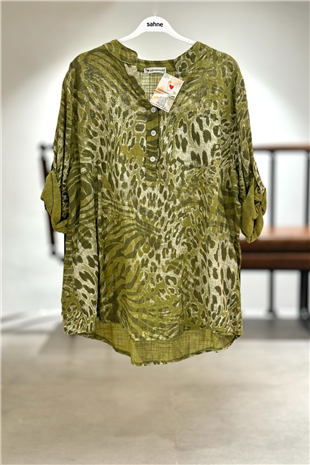 Leopar Desen 3 Düğme İthal Keten Gömlek