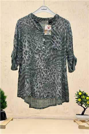 Leopar Desen 3 Düğme İthal Keten Gömlek