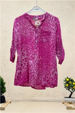 Leopar Desen 3 Düğme İthal Keten Gömlek