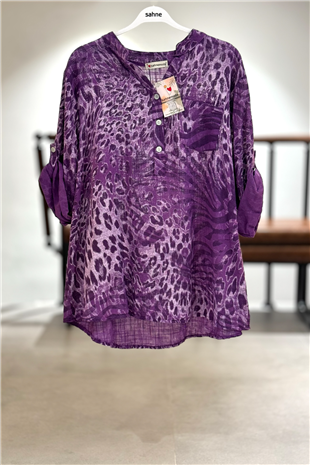 Leopar Desen 3 Düğme İthal Keten Gömlek