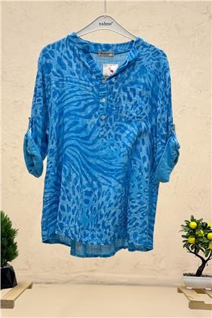 Leopar Desen 3 Düğme İthal Keten Gömlek