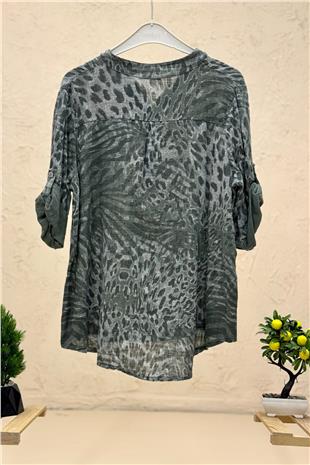 Leopar Desen 3 Düğme İthal Keten Gömlek