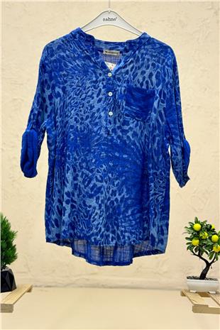 Leopar Desen 3 Düğme İthal Keten Gömlek