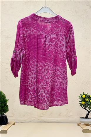 Leopar Desen 3 Düğme İthal Keten Gömlek
