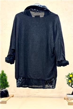 Leopar Desen Gömlekli Triko Bluz